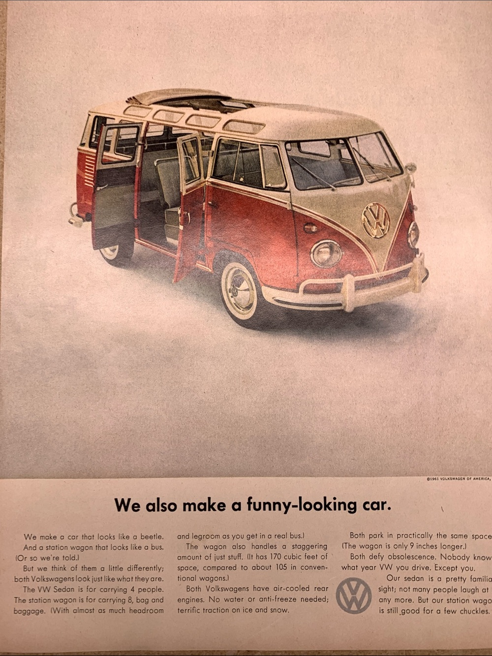 Vintage Volkswagen Red and Cream Bus Ad from Life Magazine June 9, 1961